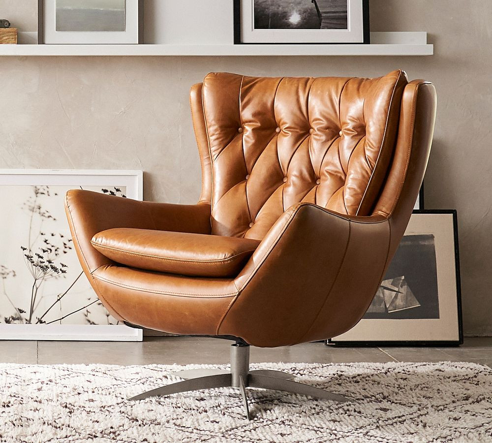 Wells Tufted Leather Swivel Chair | Pottery Barn (US)