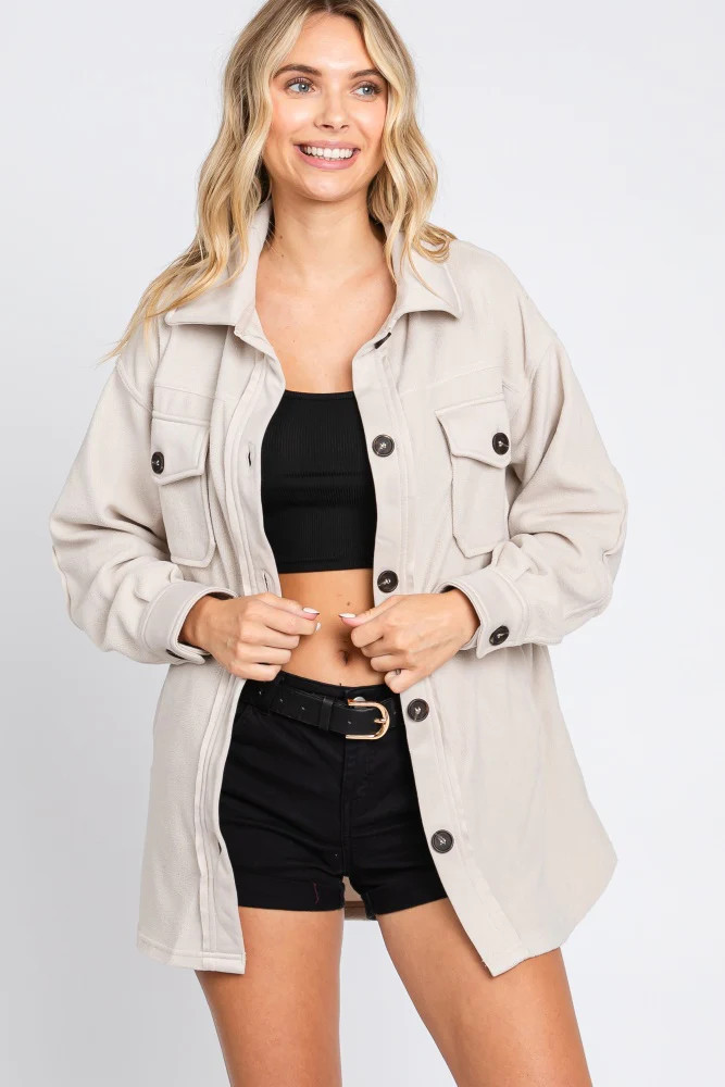Beige Fleece Double Front Pocket Jacket | PinkBlush Maternity