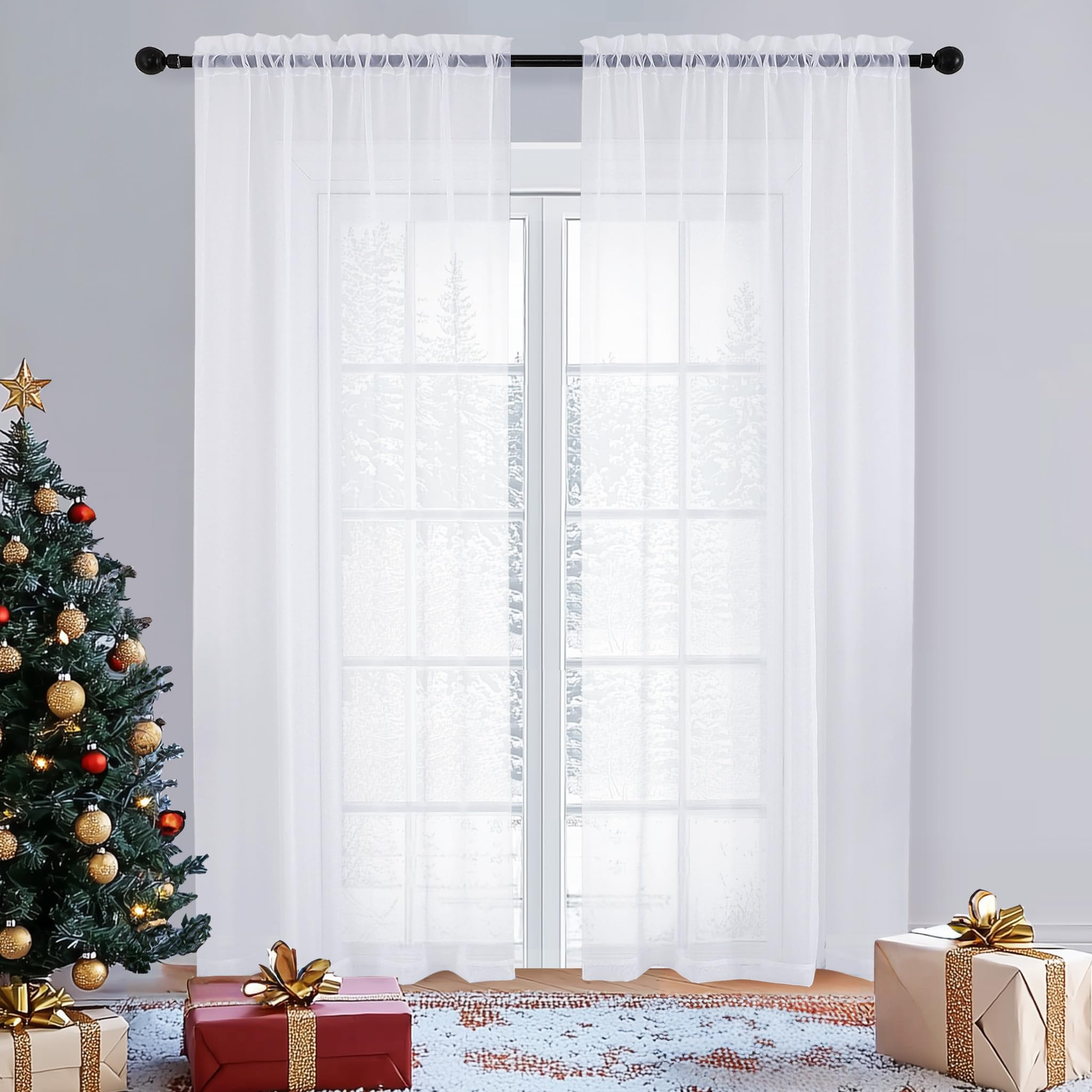 OVZME White Sheer Curtains - 84" Long, 2 Panels Set for Living Room/Bedroom, Rod Pocket Voile Dra... | Amazon (US)