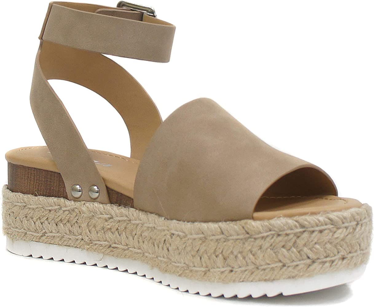 Soda Topic Open Toe Buckle Ankle Strap Espadrilles Flatform Wedge Casual Sandal | Amazon (US)