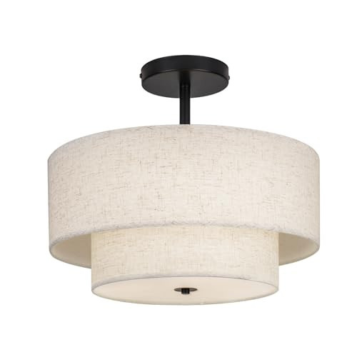HILUXIA 18 Inch Large Semi Flush Mount Ceiling Light Fixture with Dual Drum Design, Farmhouse Fabric Linen Shade for Bedroom, Living Room, Kitchen, and Dining - Modern Chandelier Lamp | Amazon (US)