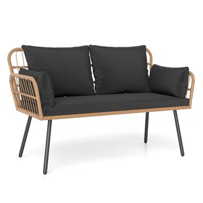 Patio Wicker Loveseat Furniture with Seat Back Cushions, Heavy-Duty Metal Legs Black | Wayfair North America