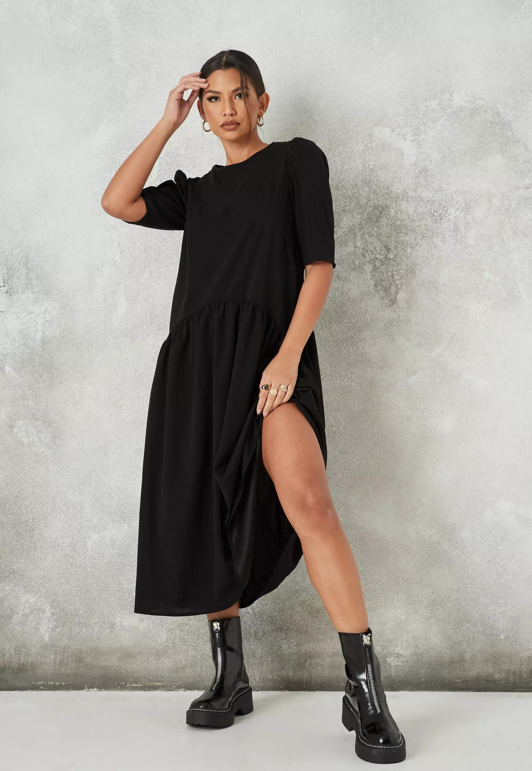 Black Curved Waist Midi Smock Dress | Missguided (US & CA)