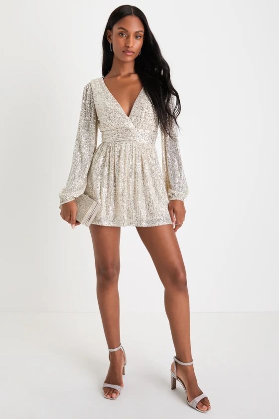 Watch Me Shine Champagne Sequin Plunge Long Sleeve Romper | Lulus (US)