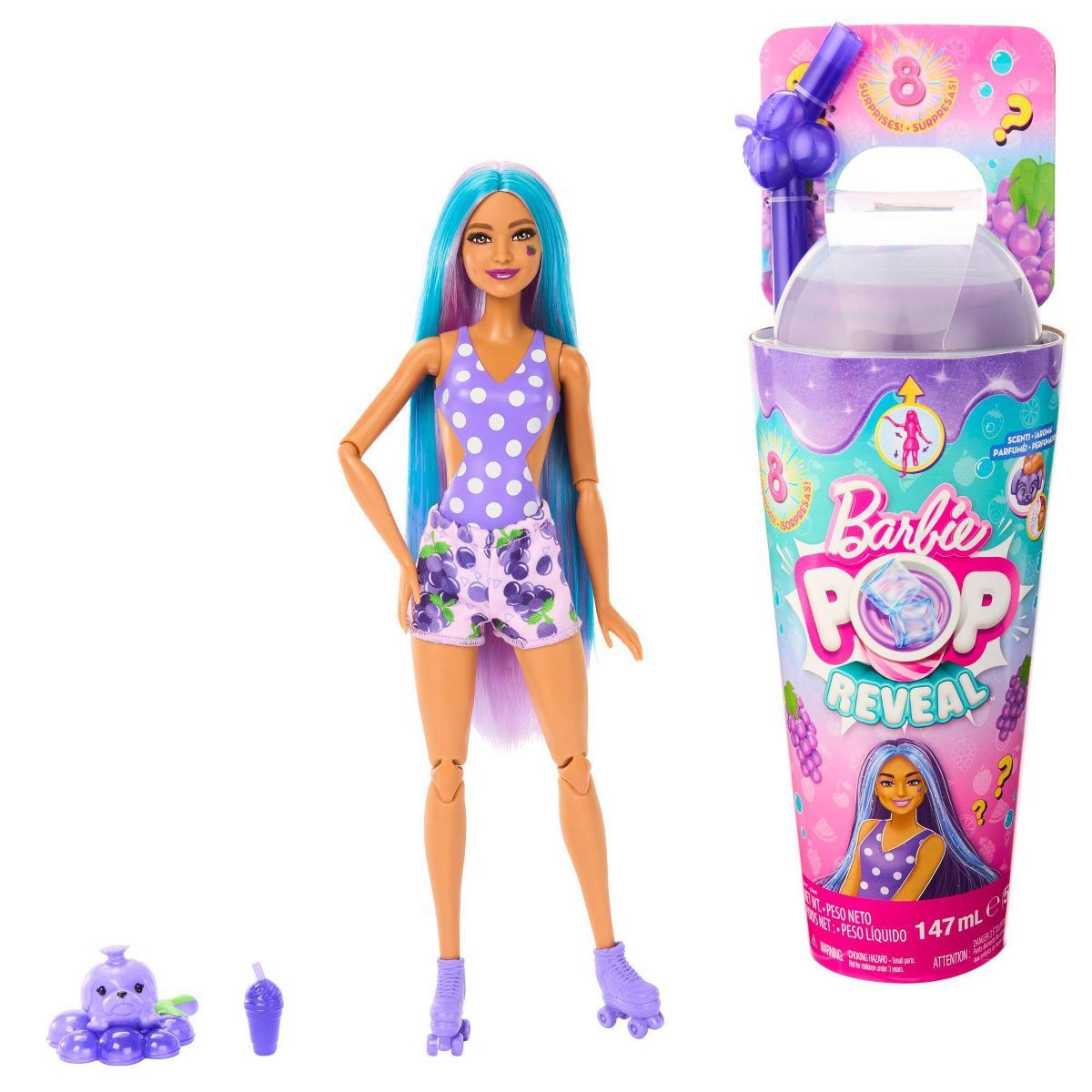 Barbie Pop Reveal Fruit Series Grape Fizz Doll, 8 Surprises Include Pet, Slime, Scent & Color Cha... | Target
