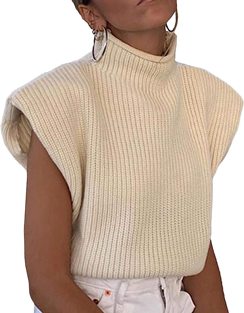 xxxiticat Women's Shoulder Pad Sweater Sleeveless Turtleneck Wide Shoulder Knitted Sweater Vest C... | Amazon (US)