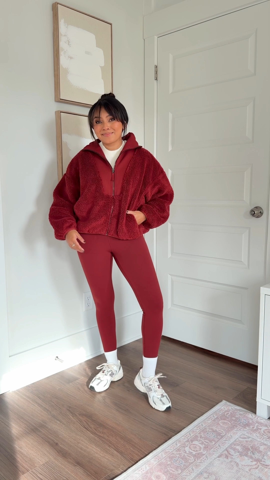 Maroon burgundy sherpa jacket size xs TTS
Ivory sweater size xs TTS
Maroon burgundy leggings size small TTS
Sneakers size 6.5 TTS 


#LTKActive #LTKPetite #LTKSaleAlert