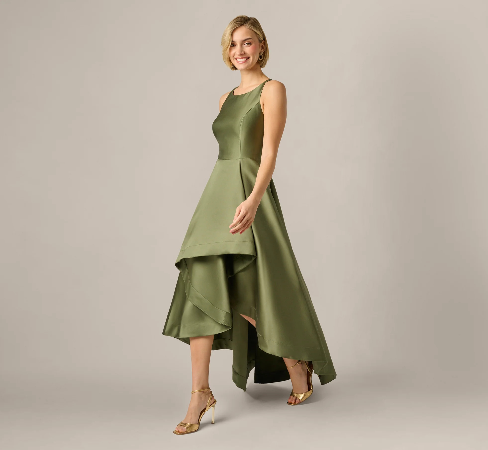 Green High Low Mikado Gown With Asymmetrical Detail - Adrianna Papell | Adrianna Papell
