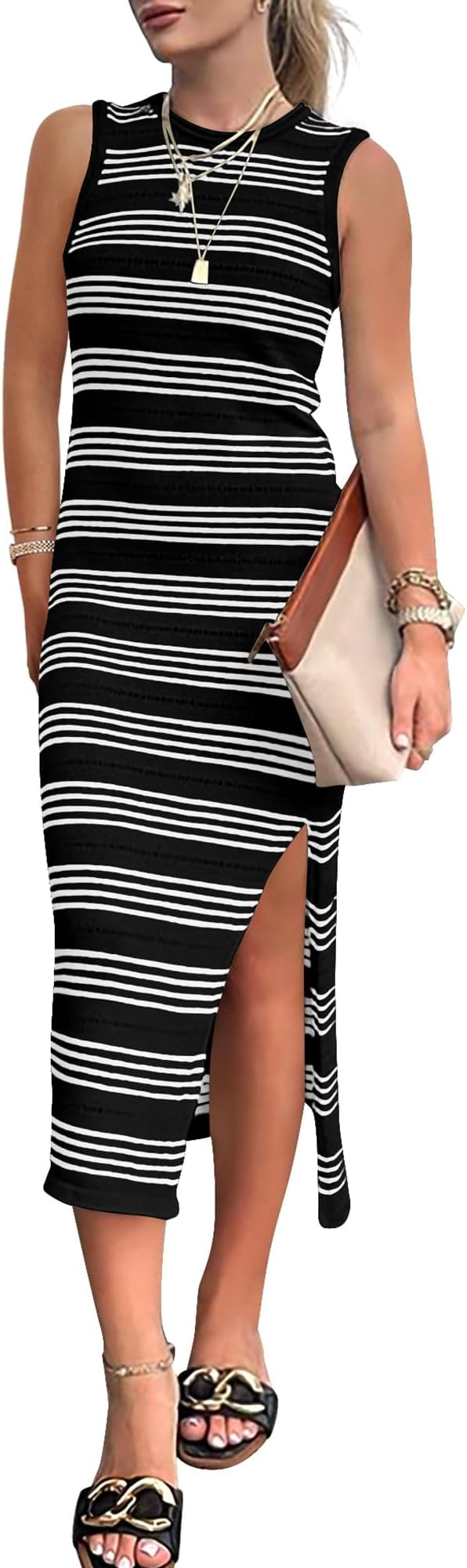 BTFBM Women's Sleeveless Summer Dresses 2024 Crew Neck Casual Sundress Hollow Out Side Slit Bodyc... | Amazon (US)