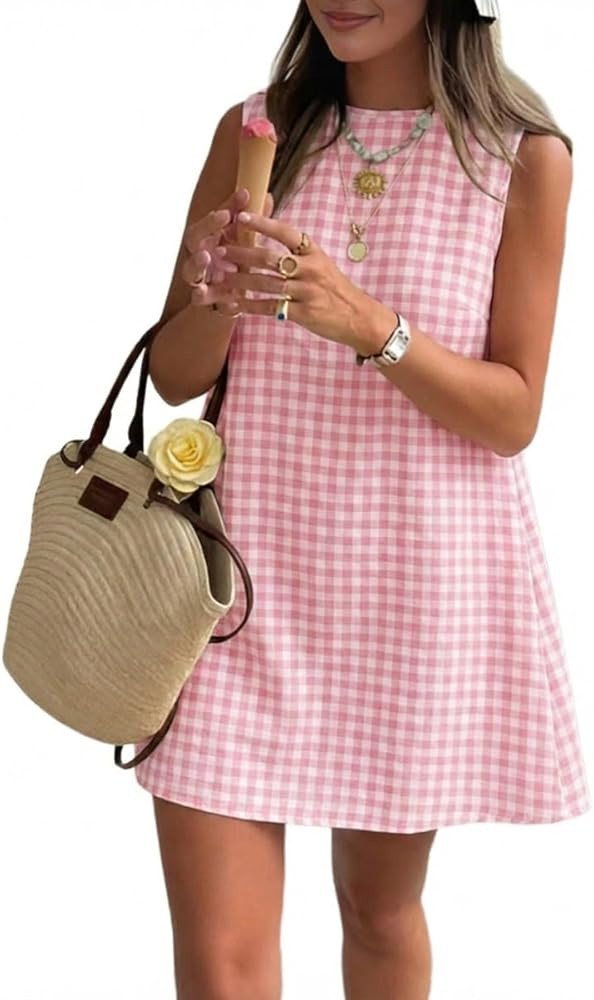 IDEALSANXUN Womens Gingham Dress Spring Summer Beach Boho Sleeveless Mini Sundress | Amazon (US)