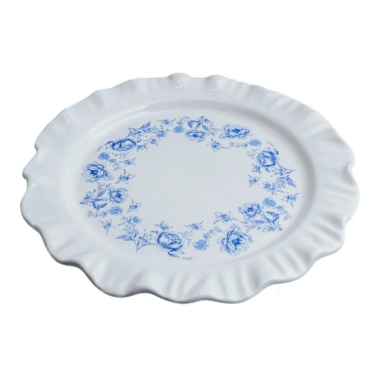 Floral Ruffled-Edged Stoneware Plates, Blue and White, 8.5", 4 Count, by My Texas House | Walmart (US)