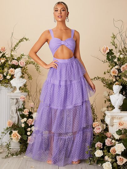 SHEIN Cut Out Layered Hem Dobby Mesh Cami Formal Dress | SHEIN