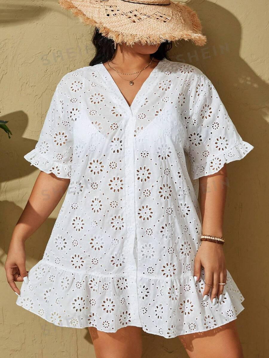 SHEIN Swim Vcay Plus Size Hollow Out Embroidery Lotus Leaf Hem Kimono, Beach Outfit Summer,Summer... | SHEIN