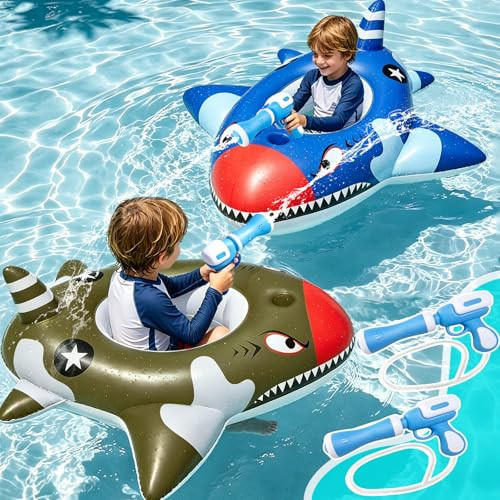 2 Pack Inflatable Pool Floats with 2 Water Guns Toys, Shark Pool Float with Safety Seat Battle Ride-on Water Toys for Kids Ages 3-8 Swimming Pools Games Outdoor Water Party Activities Supplies | Amazon (US)