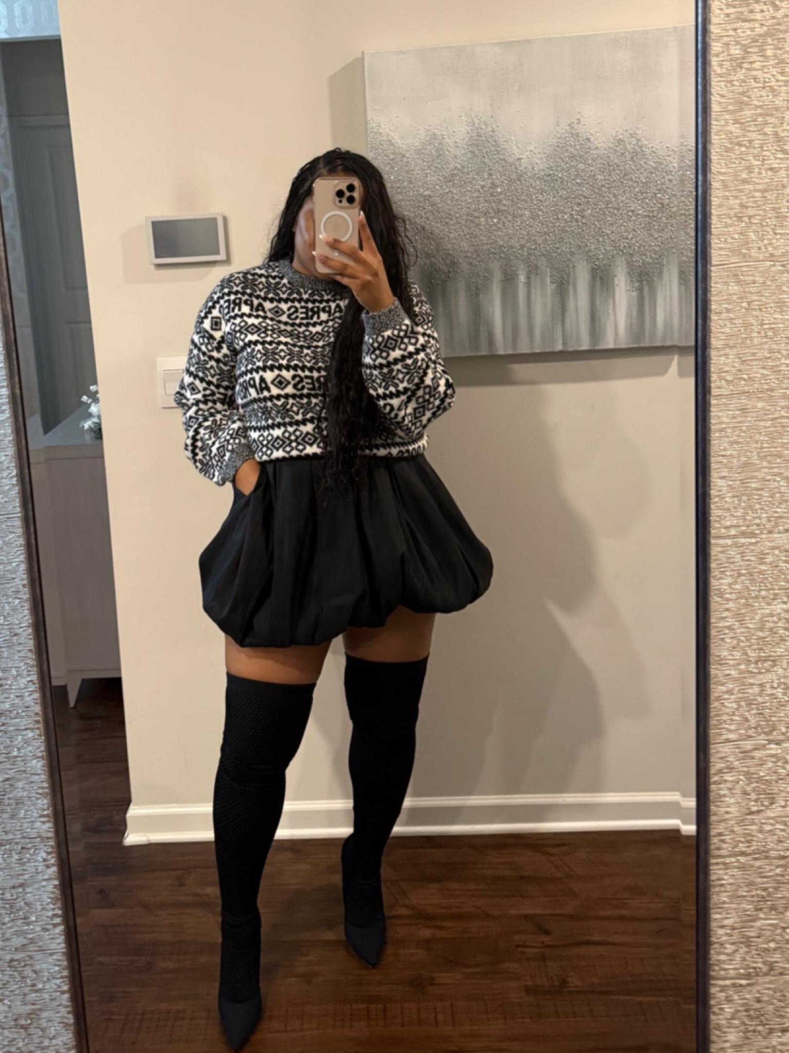 Here is the black skirt styled with holiday sweater. Large in sweater. XL in skirt. Boots are older tagged similar style. 

#LTKover40 #LTKSeasonal #LTKstyletip