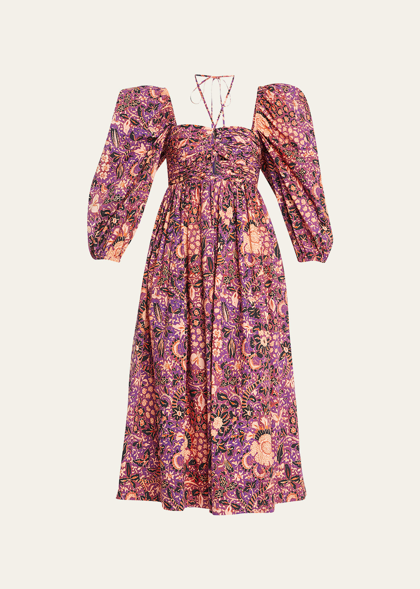 Alessa Puff-Sleeve Floral Poplin Cutout Midi Dress | Bergdorf Goodman