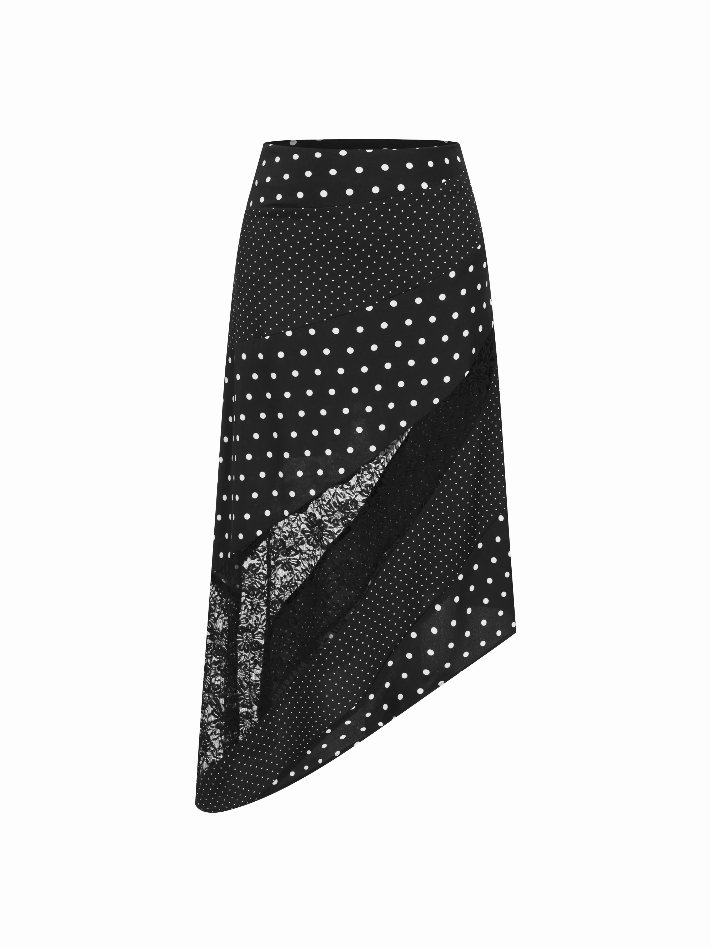 Satin Satin Low Rise Polka Dot Lace Panel Asymmetrical Flared Midi Skirt For Daily Casual Date | Cider