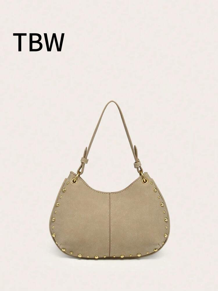 Women's Shoulder Bag, Handbag, Hobo Bag, Crescent Bag, Minimalist Rivet Decor, Suede Fabric, Retro Punk Style, Large Capacity, Suitable For Shopping, Outings, Music Festivals, Campus, Commuting And Other Occasions | SHEIN