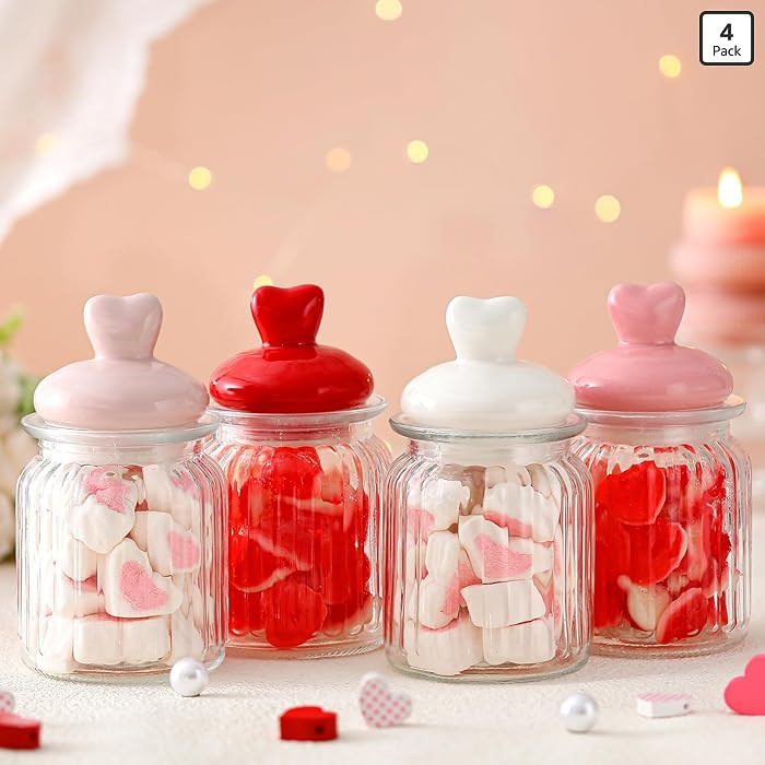 Qinyoung 4 Pcs 16 oz Valentine's Day Glass Candy Jars Clear Valentines Containers with Ceramic He... | Amazon (US)