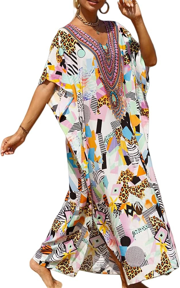 Yanziliu Women's V-Neck Batwing Sleeve Kaftan Dress Lightweight Beach Swimwear Cover Up for Mumu ... | Amazon (US)