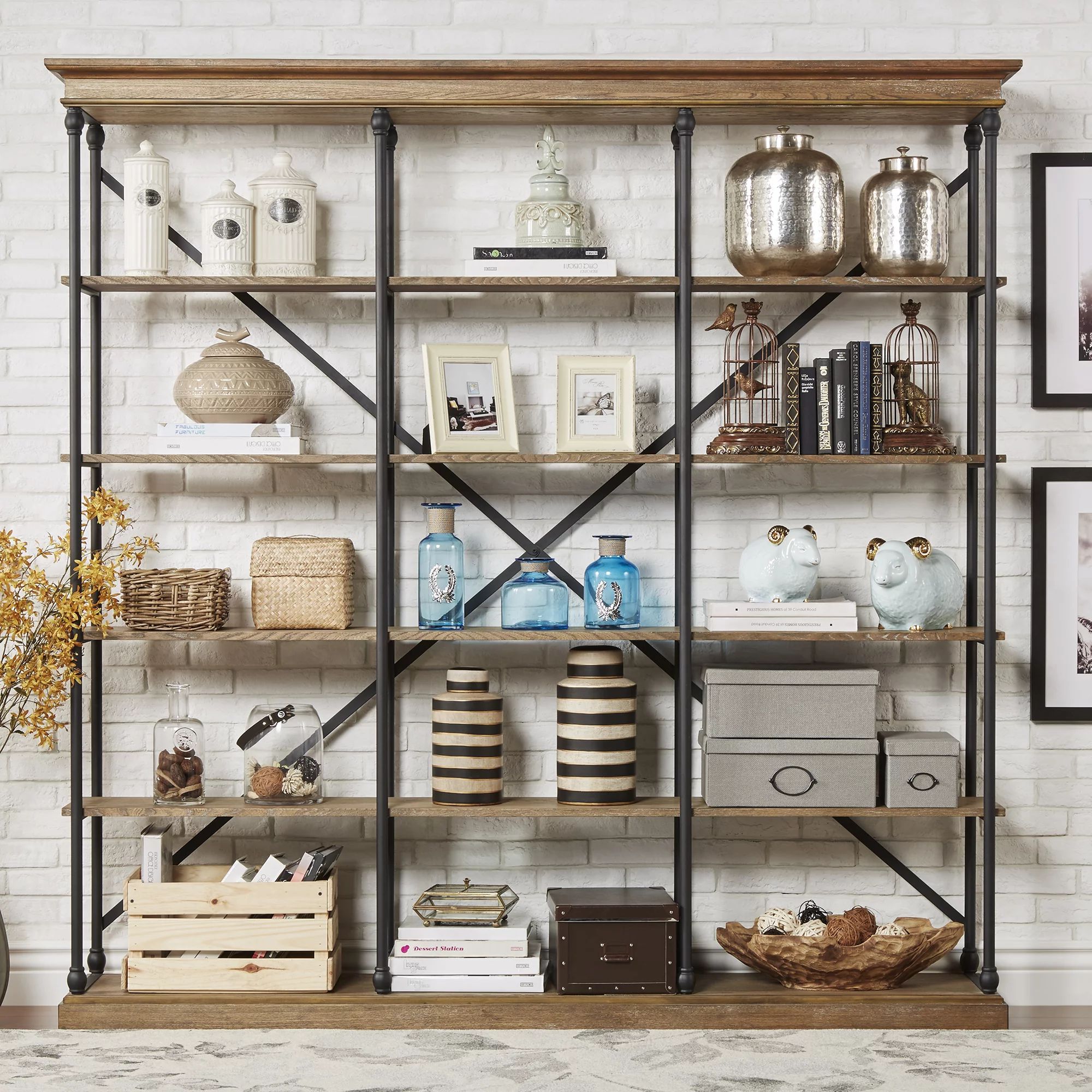 Weston Home Cabana 84" W 5-Shelf Rustic X-Back Large Triple Bookshelf, Oak - Walmart.com | Walmart (US)