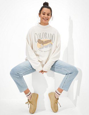 AE Oversized Fleece Graphic Mock Neck Sweatshirt | American Eagle Outfitters (US & CA)