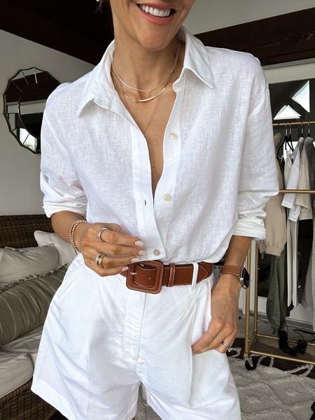 White Linen shorts with elastic back waist, side pockets. Unlined sized up to a 4! 
Linen blend button up shirt 
Love this look, perfect for an European chic summer! 

#LTKunder50 #LTKSeasonal #LTKstyletip