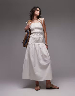 Topshop linen cami ruched midi dress in ivory | ASOS (Global)