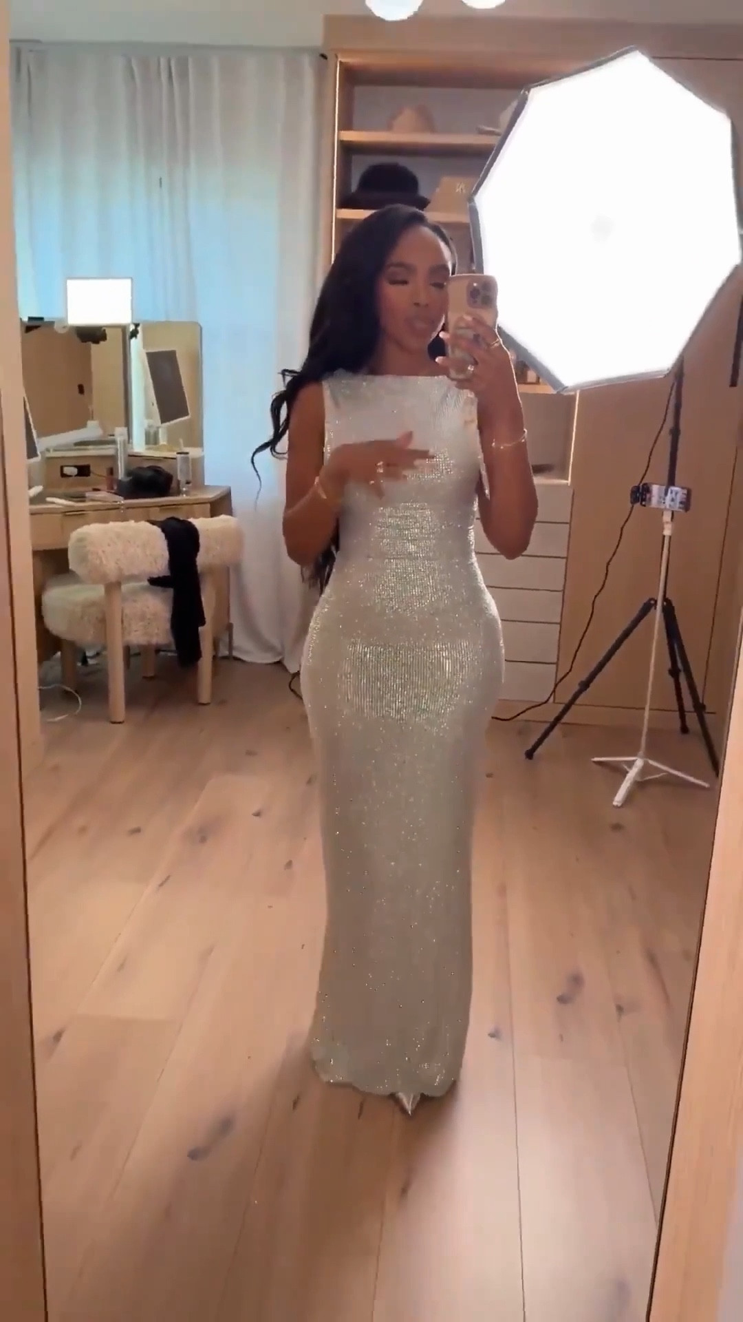 Scroll to shop this glamorous sequin evening dress. Perfect for weddings, formal events, or a chic night out.

Measurements: 5'4", 138 lbs, 34D bust, 27" waist, 40" hips