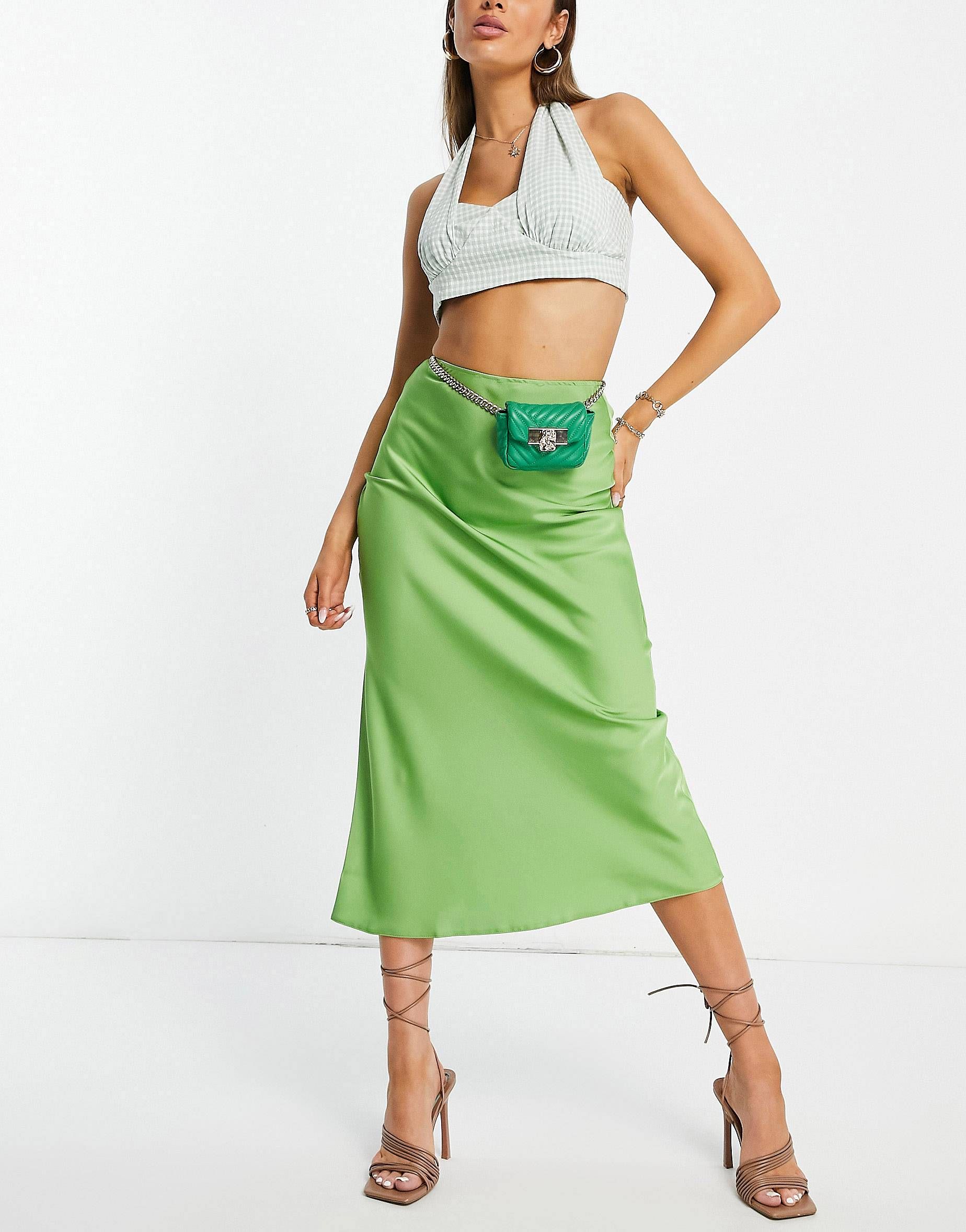 ASOS DESIGN satin bias midi skirt in wasabi green | ASOS (Global)