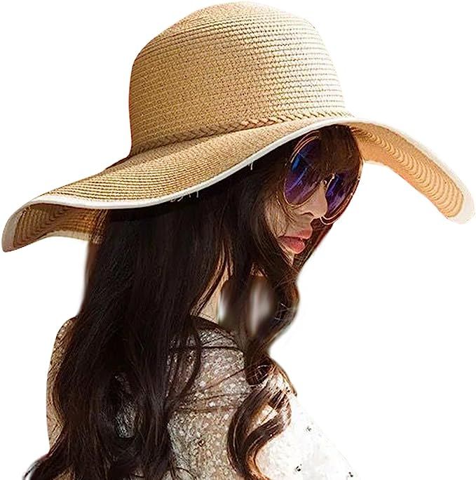 Lanzom Womens Wide Brim Straw Hat Floppy Foldable Roll up Cap Beach Sun Hat UPF 50+ | Amazon (US)