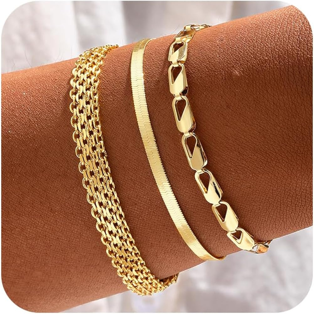 14K Gold Bracelets for Women Dainty Waterproof Jewelry Set Minimalist Stackable Herringbone Cuban... | Amazon (US)