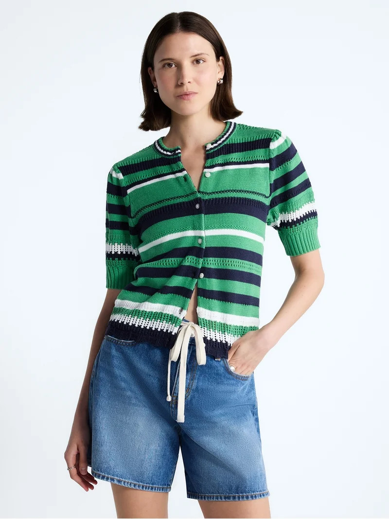 Free Assembly Women's Textured Stripe Cardigan Sweater with Short Puff Sleeves, Lightweight, Size... | Walmart (US)