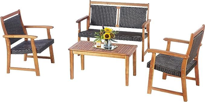 Tangkula 4 Pieces Patio Rattan Conversation Set with Acacia Wood Frame, Patiojoy Outdoor Furnitur... | Amazon (US)