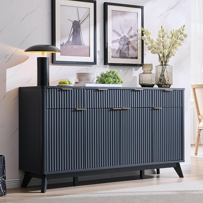 OKD 60" Fluted Storage Buffet Sideboard Cabinet with Drawers, Dark Grey | Amazon (US)