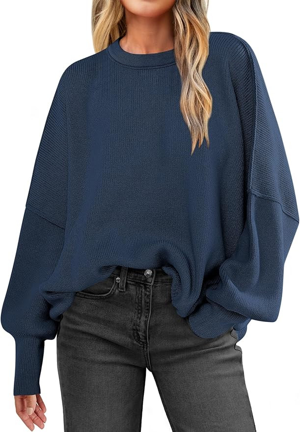 ANRABESS Women Crewneck Batwing Long Sleeve 2024 Fall Oversized Side Slit Ribbed Knit Pullover Sw... | Amazon (US)