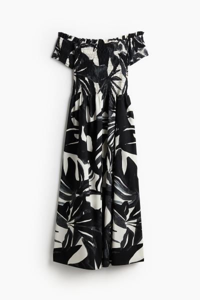 Smocked off-the-shoulder dress - Short sleeve - Long - Black/Patterned - Ladies | H&M GB | H&M (UK, MY, IN, SG, PH, TW, HK)