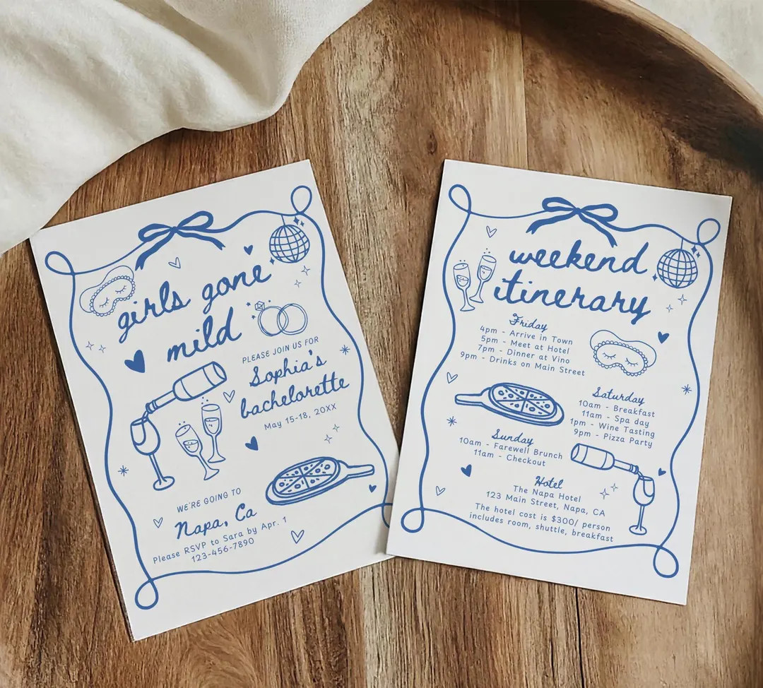 Girls Gone Mild Bachelorette Party Invitation & Itinerary Template, Blue Hand Drawn Spa Pajama Sl... | Etsy (US)