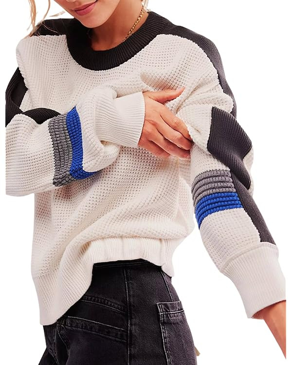 Crewneck Sweater Women Cozy Long Sleeve Ribbed Knit 2024 Fall Colorblock Pullover Sweaters Top Tr... | Amazon (US)