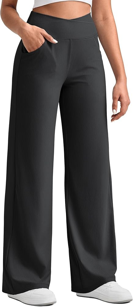 G4Free Ribbed Wide Leg Pants Women Breathable Stretchy Lightweight Cross Waist Yoga Pants with Po... | Amazon (US)