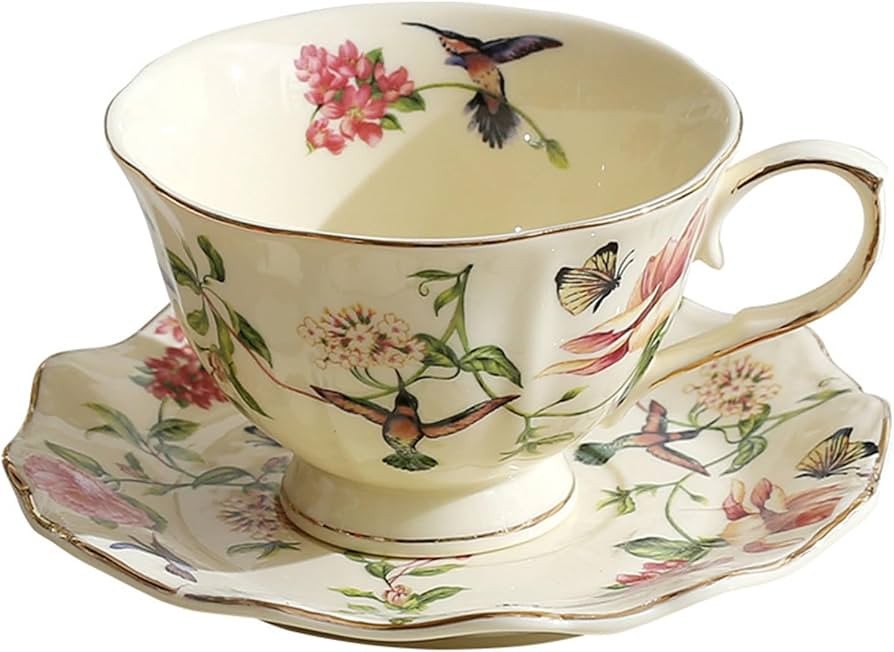 fanquare Vintage Spring Style Tea Cup and Saucer Set, 8 oz Porcelain Coffee Cup with Gold Trim, F... | Amazon (US)
