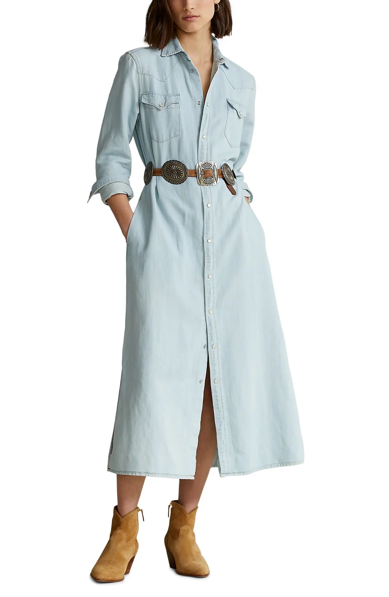 Polo Ralph Lauren Long Sleeve Belted Denim Dress, Size 8 in Washed Blue at Nordstrom | Nordstrom