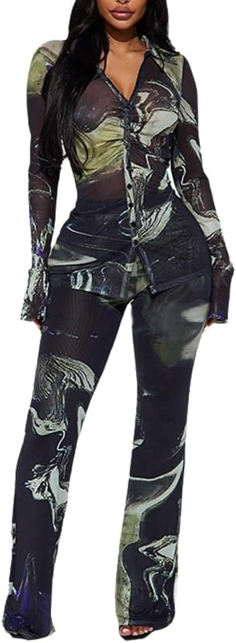 THLAI 2 Piece Outfits for Women Print Shirt Top and Long Wide Leg Pants Sexy Outfit Casual Style | Amazon (US)