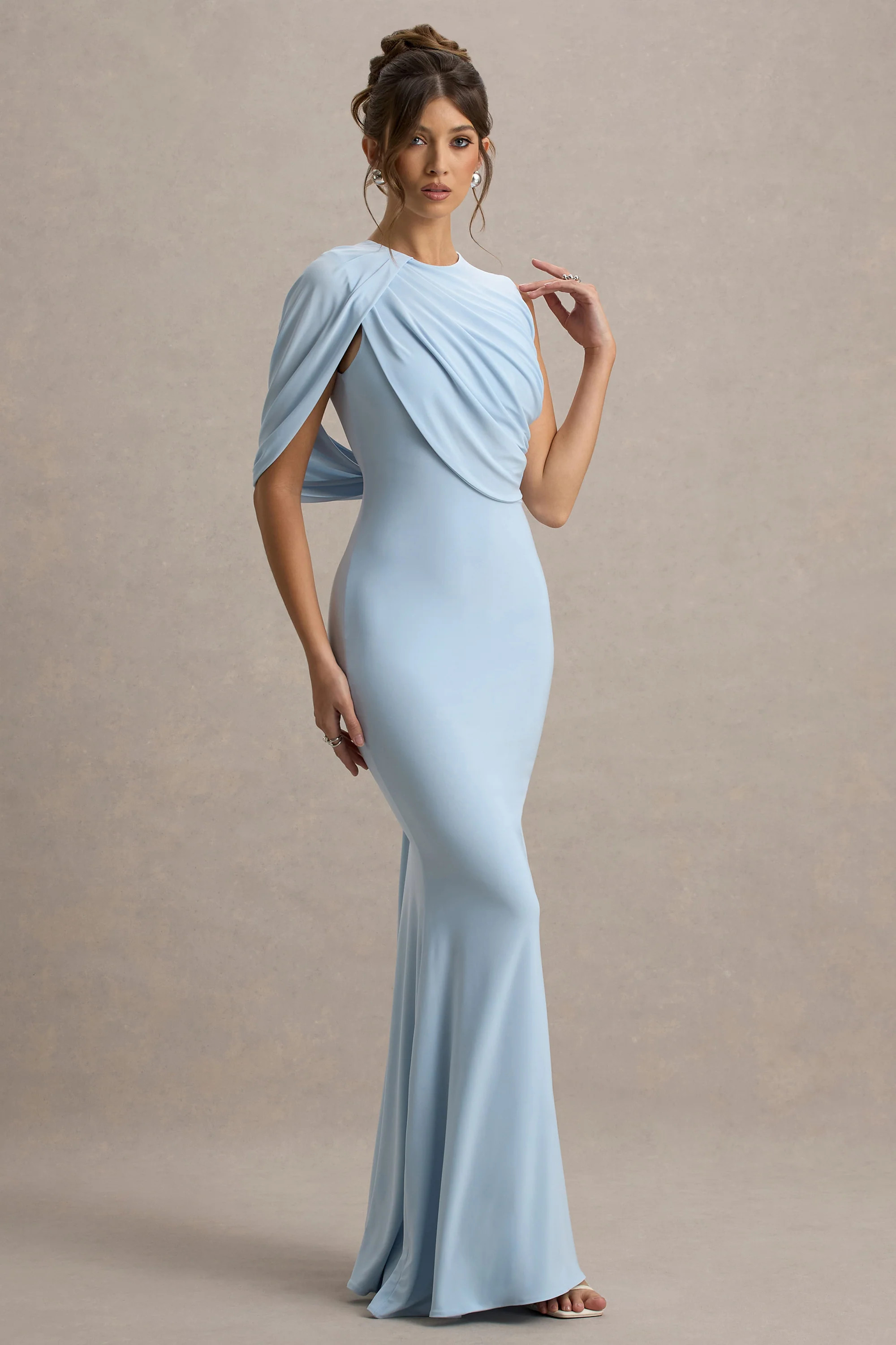 Rae | Powder Blue Maxi Dress With One-Sleeve Cape | Club L London