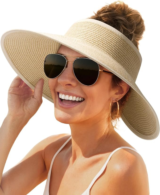 FURTALK Womens Sun Hat with Ponytail Hole Wide Brim Beach Straw Visor | Amazon (US)