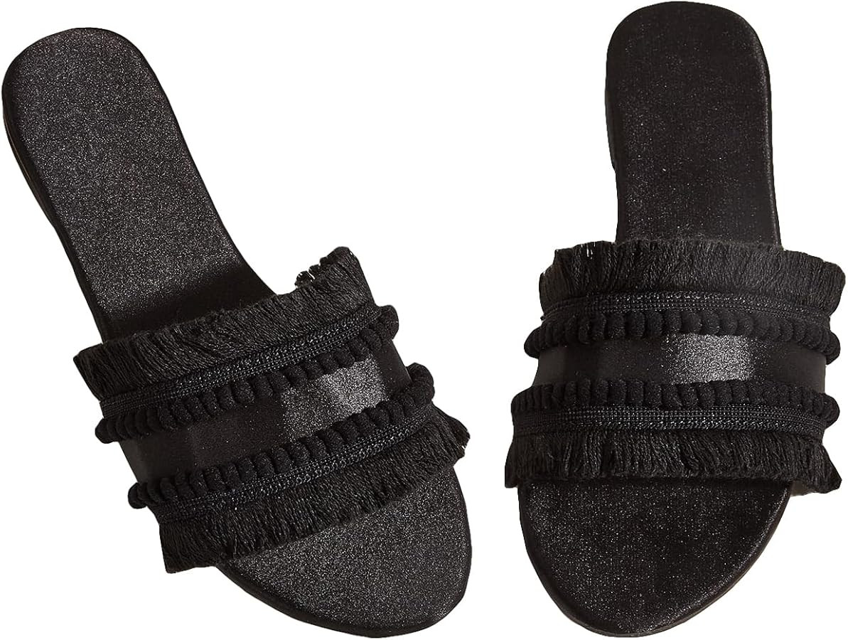 OYOANGLE Women's Fringe Trim Satin Open Toe Flat Slide Sandals Summer Casual Slip on Dressy Sanda... | Amazon (US)