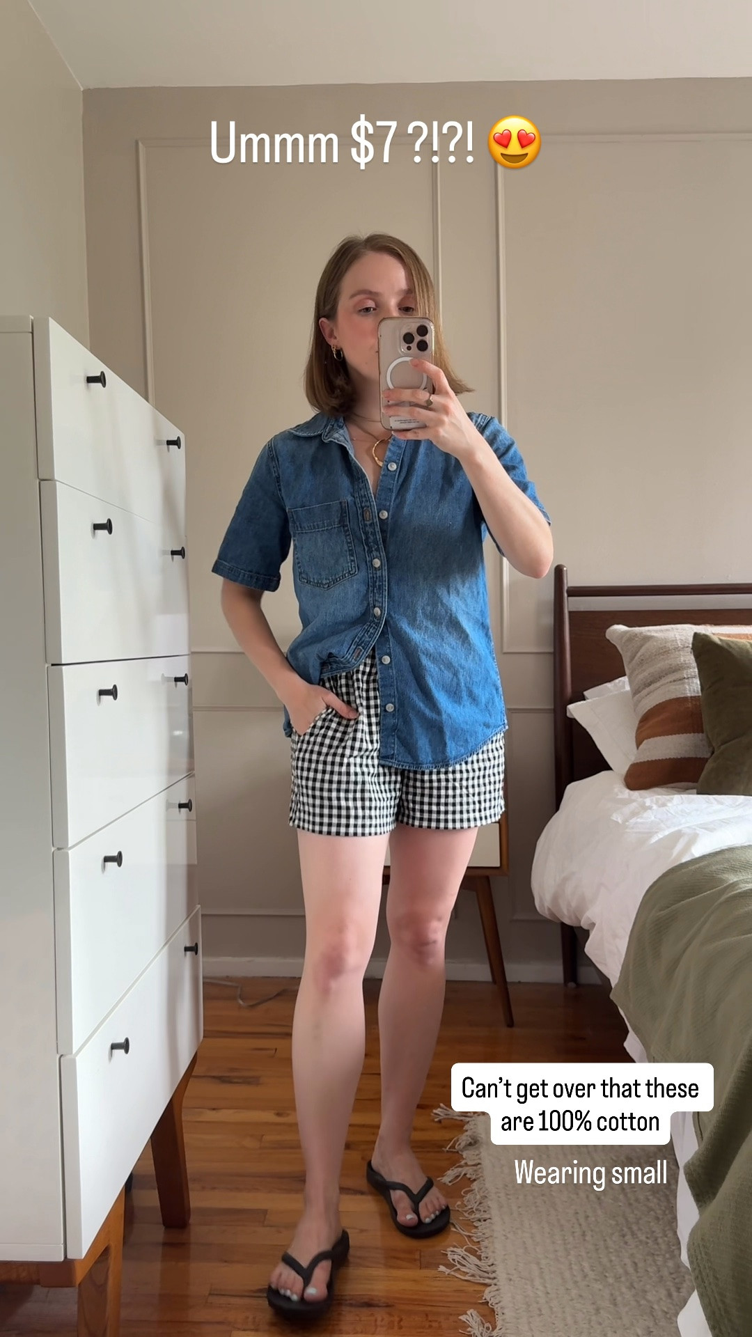 $7 100% cotton plaid boxer shorts for summer! Wearing small 
40% off denim shirt wearing xxs

#LTKootd #LTKPetite #LTKSaleAlert