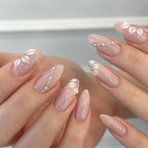 30Pcs White Flower Press on Nails Medium Almond French Tip Fake Nails with 3D Rhinestone Chains Designs Flowers Petals False Nails Nude Glossy Full Cover Cute Floral Acrylic Glue on Nails for Women | Amazon (US)