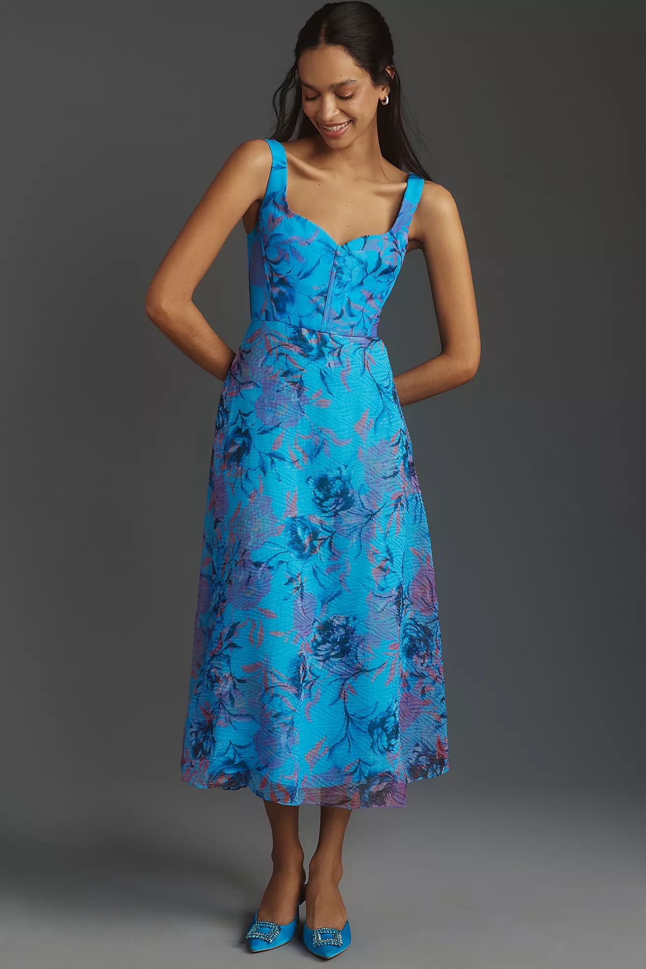 ML Monique Lhuillier Elodie Sweetheart Floral Organza Midi Dress | Anthropologie (US)