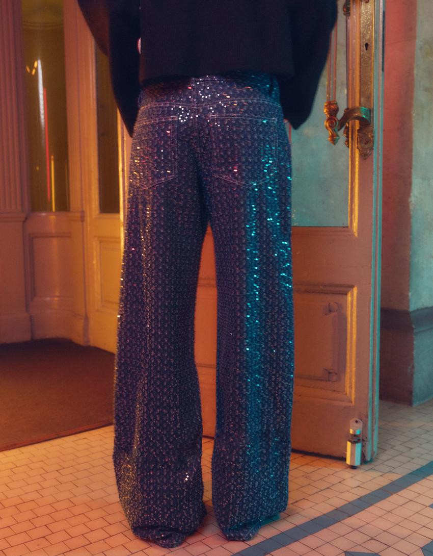 Sequin wide-leg jeans - Trousers - Women | Bershka GB